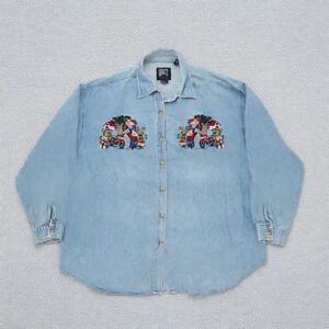 Quizz Woman Embroidered Denim Shirt Cottage Core Light Wash Women's Plus 24